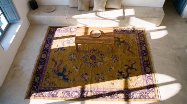 Yellow floral 1920s hand knotted pile wool antique rectangle rug 2 Yellow floral 1920s hand knotted pile wool antique rectangle rug (sku 25735) - styled overhead view