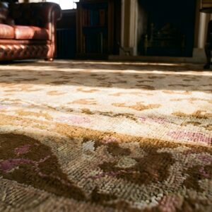 Antique Wool Yellow / Gold Orange Hand Knotted Pile Rug (SKU 23680) - in-room detail