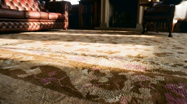 Antique wool yellow / gold orange hand knotted pile rug 12 Antique wool yellow / gold orange hand knotted pile rug (sku 23680) - in-room detail
