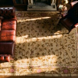 Antique Wool Yellow / Gold Orange Hand Knotted Pile Rug (SKU 23680) - styled overhead view