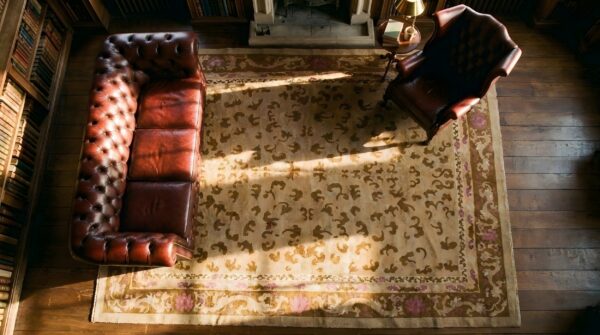 Antique wool yellow / gold orange hand knotted pile rug 2 Antique wool yellow / gold orange hand knotted pile rug (sku 23680) - styled overhead view