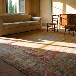 Antique Hand Knotted Yellow Wool Pile Large Size Tribal Medallion Turkish Oushak Rug (SKU 25845) - room view