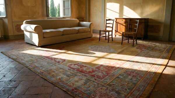 Antique hand knotted yellow wool pile large size tribal medallion turkish oushak rug (sku 25845) - room view