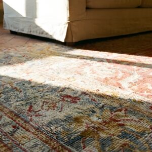 Antique Hand Knotted Yellow Wool Pile Large Size Tribal Medallion Turkish Oushak Rug (SKU 25845) - in-room detail