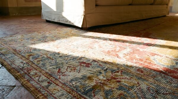 Antique hand knotted yellow wool pile large size tribal medallion turkish oushak rug (sku 25845) - in-room detail