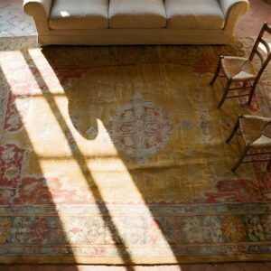 Antique Hand Knotted Yellow Wool Pile Large Size Tribal Medallion Turkish Oushak Rug (SKU 25845) - styled overhead view