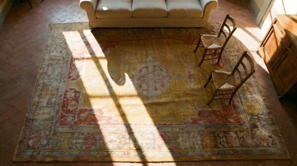 Antique hand knotted yellow wool pile large size tribal medallion turkish oushak rug (sku 25845) - styled overhead view