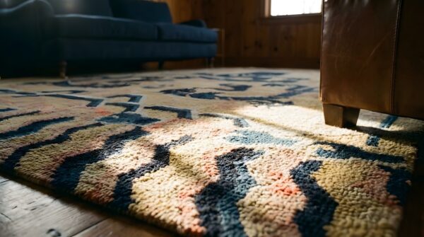 Antique yellow ningxia chinese allover hand knotted pile square rug 9 Antique yellow ningxia chinese allover hand knotted pile square rug (sku 22276) - in-room detail