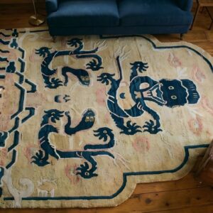 Antique Yellow Ningxia Chinese Allover Hand Knotted Pile Square Rug (SKU 22276) - styled overhead view