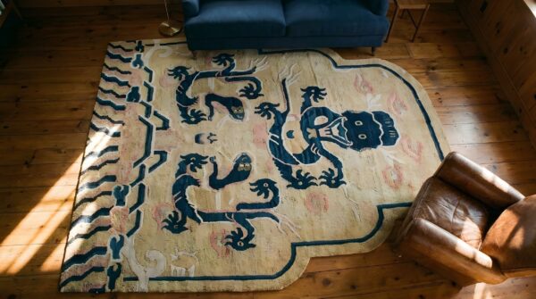 Antique yellow ningxia chinese allover hand knotted pile square rug 2 Antique yellow ningxia chinese allover hand knotted pile square rug (sku 22276) - styled overhead view