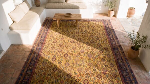 Antique yellow nw persian oversized tribal shrub rug 2 Antique yellow nw persian oversized tribal shrub rug (sku 19342) - styled overhead view