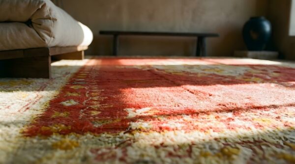 Yellow antique oushak - angora turkish allover medallion rug 15 Yellow antique oushak - angora turkish allover medallion rug (sku 24780) - in-room detail