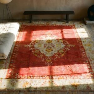 Yellow Antique Oushak - Angora Turkish Allover Medallion Rug (SKU 24780) - styled overhead view