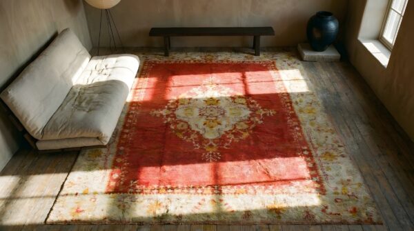 Yellow antique oushak - angora turkish allover medallion rug 2 Yellow antique oushak - angora turkish allover medallion rug (sku 24780) - styled overhead view