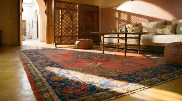 Yellow antique oushak turkish hand knotted pile rug 11 Yellow antique oushak turkish hand knotted pile rug (sku 24796) - in-room detail