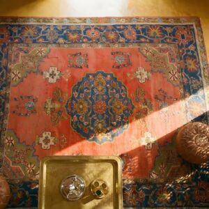 Yellow Antique Oushak Turkish Hand Knotted Pile Rug (SKU 24796) - styled overhead view