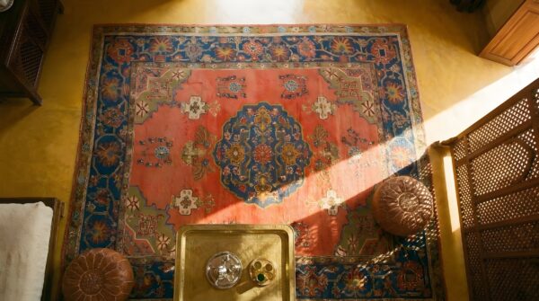 Yellow antique oushak turkish hand knotted pile rug 2 Yellow antique oushak turkish hand knotted pile rug (sku 24796) - styled overhead view