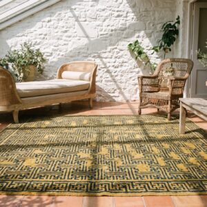 Yellow Rare Square Antique Geometric Wan Design Chinese Bat Rug (SKU 22879) - room view