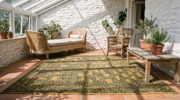 Yellow rare square antique geometric wan design chinese bat rug 10 Yellow rare square antique geometric wan design chinese bat rug (sku 22879) - room view