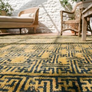 Yellow Rare Square Antique Geometric Wan Design Chinese Bat Rug (SKU 22879) - in-room detail
