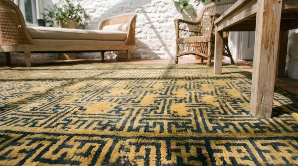 Yellow rare square antique geometric wan design chinese bat rug 11 Yellow rare square antique geometric wan design chinese bat rug (sku 22879) - in-room detail
