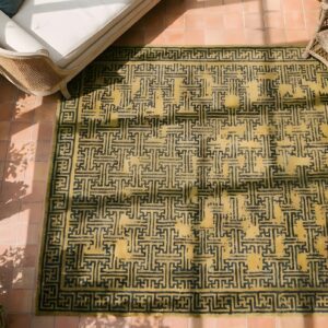 Yellow Rare Square Antique Geometric Wan Design Chinese Bat Rug (SKU 22879) - styled overhead view