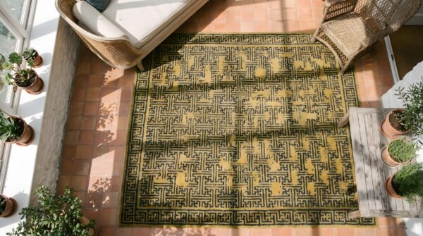 Yellow rare square antique geometric wan design chinese bat rug 2 Yellow rare square antique geometric wan design chinese bat rug (sku 22879) - styled overhead view