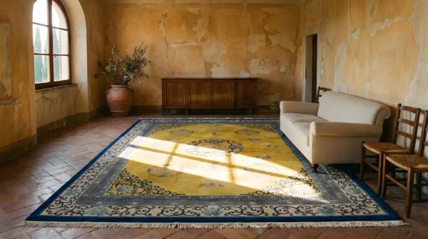 Antique yellow rectangle wool 1920s hand knotted pile rug 7 Antique yellow rectangle wool 1920s hand knotted pile rug (sku 24361) - room view