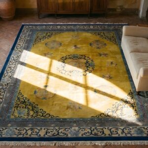 Antique Yellow Rectangle Wool 1920s Hand Knotted Pile Rug (SKU 24361) - in-room detail