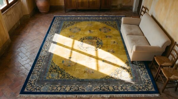 Antique yellow rectangle wool 1920s hand knotted pile rug 8 Antique yellow rectangle wool 1920s hand knotted pile rug (sku 24361) - in-room detail