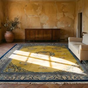 Antique Yellow Rectangle Wool 1920s Hand Knotted Pile Rug (SKU 24361) - styled overhead view
