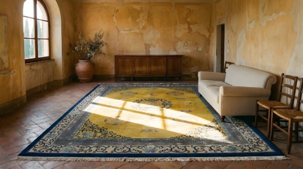 Antique yellow rectangle wool 1920s hand knotted pile rug 2 Antique yellow rectangle wool 1920s hand knotted pile rug (sku 24361) - styled overhead view