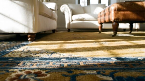 Yellow wool antique rectangle 1920s hand knotted pile rug from china 11 Yellow wool antique rectangle 1920s hand knotted pile rug from china (sku 24256) - in-room detail