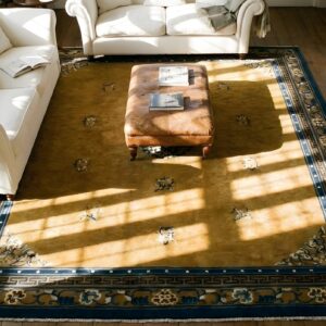Yellow Wool Antique Rectangle 1920s Hand Knotted Pile Rug From China (SKU 24256) - styled overhead view