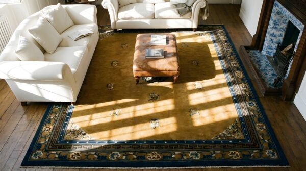 Yellow wool antique rectangle 1920s hand knotted pile rug from china 2 Yellow wool antique rectangle 1920s hand knotted pile rug from china (sku 24256) - styled overhead view