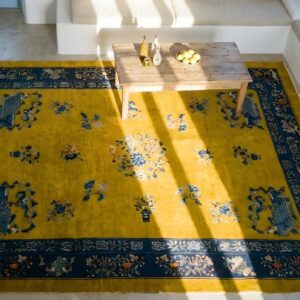 Yellow Room Size Antique Floral Peking Chinese Medallion Carpet (SKU 24291) - styled overhead view