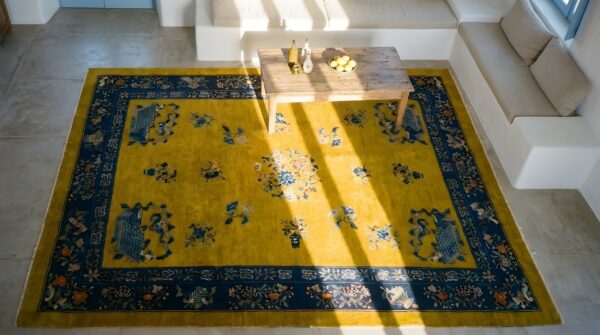 Yellow room size antique floral peking chinese medallion carpet 2 Yellow room size antique floral peking chinese medallion carpet (sku 24291) - styled overhead view