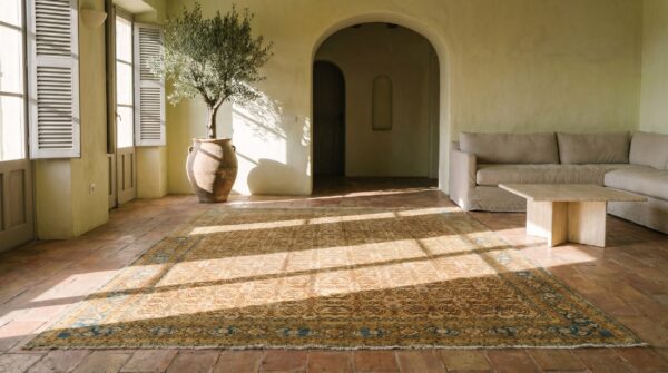 Antique yellow room size indian agra rug 7 Antique yellow room size indian agra rug (sku 17329) - room view