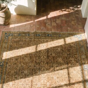 Antique Yellow Room Size Indian Agra Rug (SKU 17329) - styled overhead view