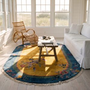 Knotted Antique Yellow Small Scatter Size 1920s Oval Wool Chinese Art Deco Rug (SKU 25739) - room view