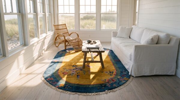 Knotted antique yellow small scatter size 1920s oval wool chinese art deco rug 10 Knotted antique yellow small scatter size 1920s oval wool chinese art deco rug (sku 25739) - room view