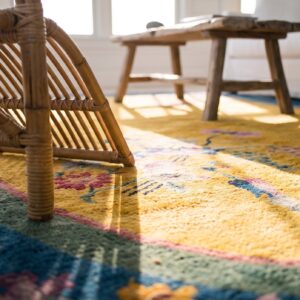 Knotted Antique Yellow Small Scatter Size 1920s Oval Wool Chinese Art Deco Rug (SKU 25739) - in-room detail