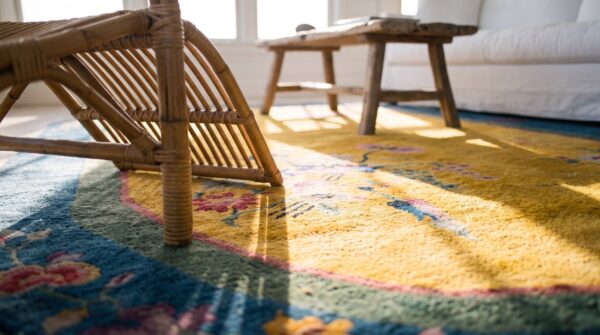 Knotted antique yellow small scatter size 1920s oval wool chinese art deco rug 11 Knotted antique yellow small scatter size 1920s oval wool chinese art deco rug (sku 25739) - in-room detail