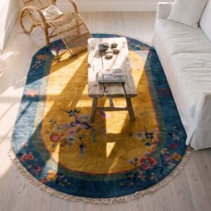 Knotted Antique Yellow Small Scatter Size 1920s Oval Wool Chinese Art Deco Rug (SKU 25739) - styled overhead view