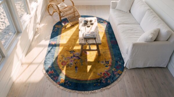 Knotted antique yellow small scatter size 1920s oval wool chinese art deco rug 2 Knotted antique yellow small scatter size 1920s oval wool chinese art deco rug (sku 25739) - styled overhead view