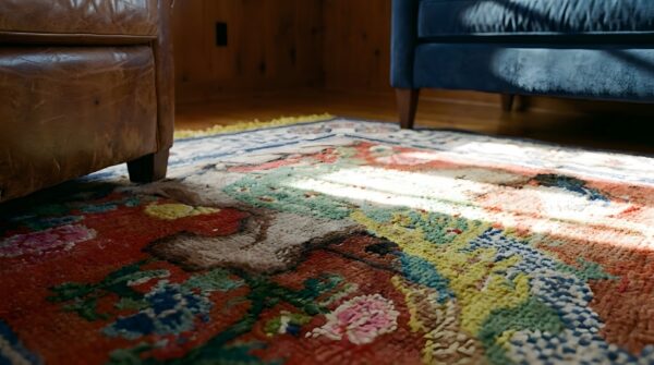 Yellow small scatter size antique peacock and chinese crane design silk pile rug 10 Yellow small scatter size antique peacock and chinese crane design silk pile rug (sku 25563) - in-room detail