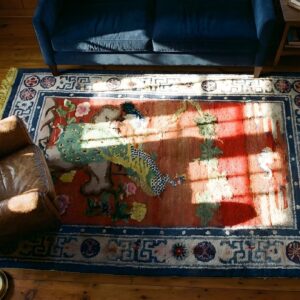 Yellow Small Scatter Size Antique Peacock and Chinese Crane Design Silk Pile Rug (SKU 25563) - styled overhead view