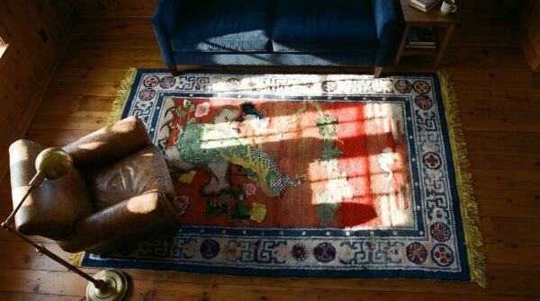 Yellow small scatter size antique peacock and chinese crane design silk pile rug 2 Yellow small scatter size antique peacock and chinese crane design silk pile rug (sku 25563) - styled overhead view