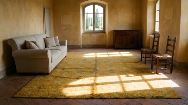 Yellow antique spanish carpet allover geometric knotted rug 8 Yellow antique spanish carpet allover geometric knotted rug (sku 24793) - room view