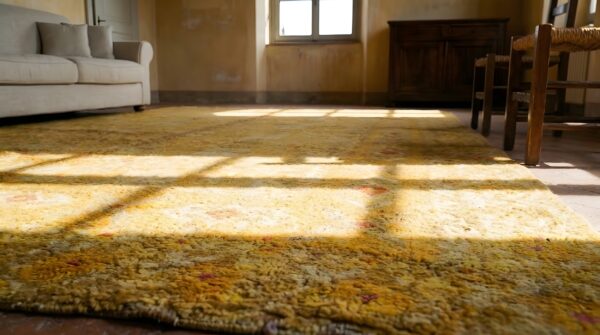 Yellow antique spanish carpet allover geometric knotted rug 9 Yellow antique spanish carpet allover geometric knotted rug (sku 24793) - in-room detail
